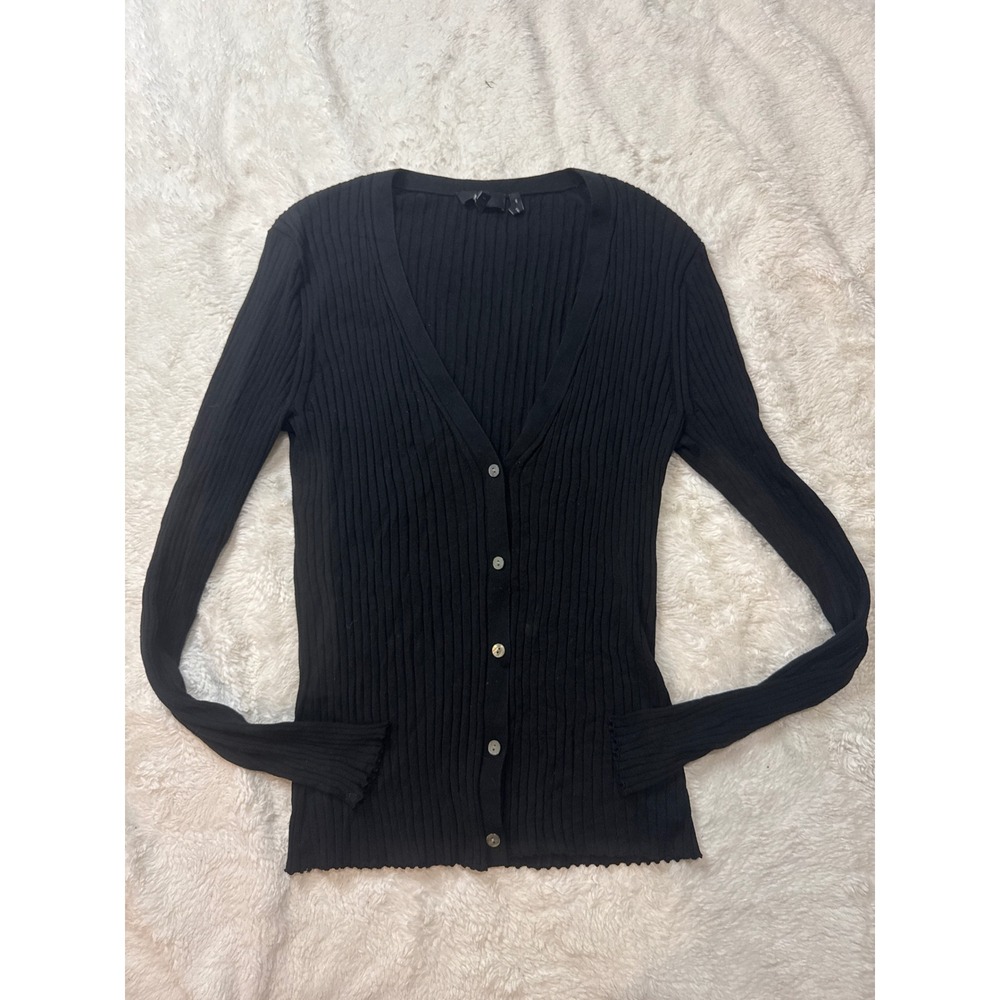 Theory Cardigan Women M Black Excellent Ribbed V-Neck Lettuce Edge Knit Sweater